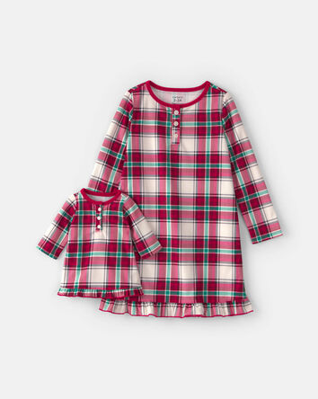 Filles - Ensemble 2 robes de nuit amples en molleton &agrave; carreaux de No&euml;l et robe de nuit pour poup&eacute;e &ndash; Rouge/Vert, 