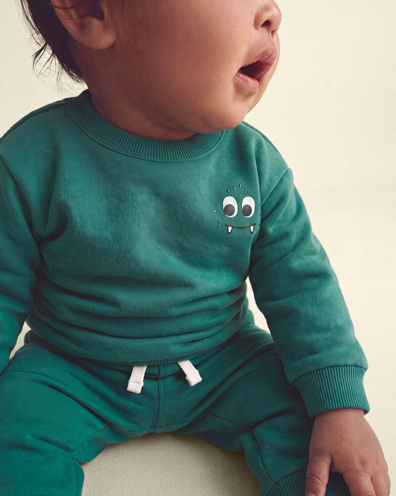 Baby Boy Cozy Monster Fleece Pullover Sweatshirt - Green, image 4 of 5 slides