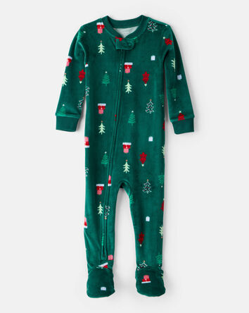 Toddler Christmas Tree Print Velour Long-Sleeve Loose Fit 1-Piece pyjamas - Green, 