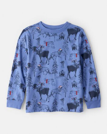Boys Reindeer Print Long-Sleeve Graphic Tee - Blue, 