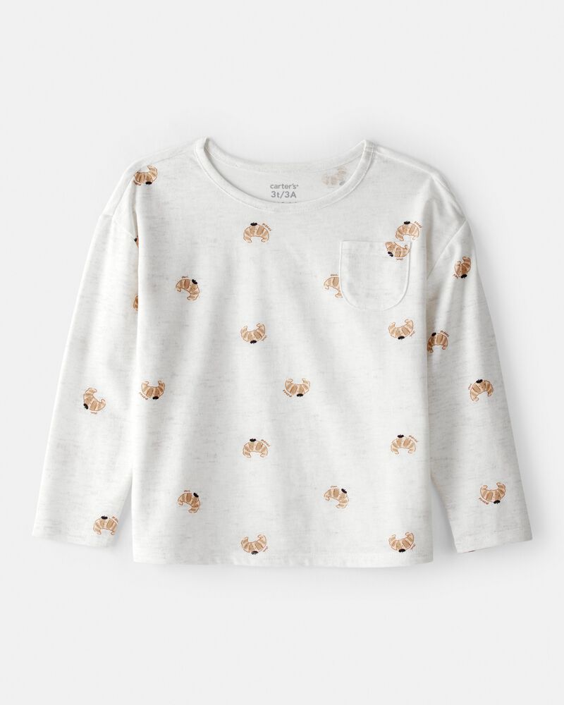 Toddler Girl  Croissant Print Long Sleeve Tee - Cream, image 1 of 3 slides
