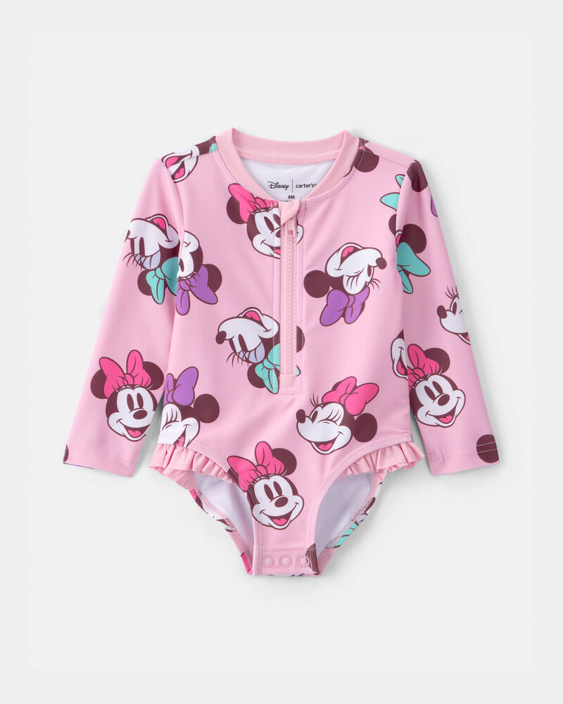 Baby Girl Disney&copy; Minnie Mouse Gingham Long-Sleeve 1-Piece Swimsuit - Pink, image 1 of 4 slides