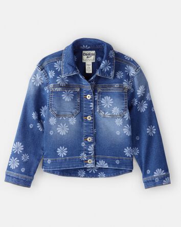Filles - Blouson en denim d&eacute;lav&eacute; fonc&eacute; &agrave; motif floral - Bleu, 