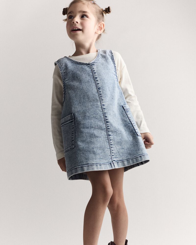 Toddler Girl Otter Pocket Denim Jumper in Avenue Wash - Blue, image 4 of 6 slides