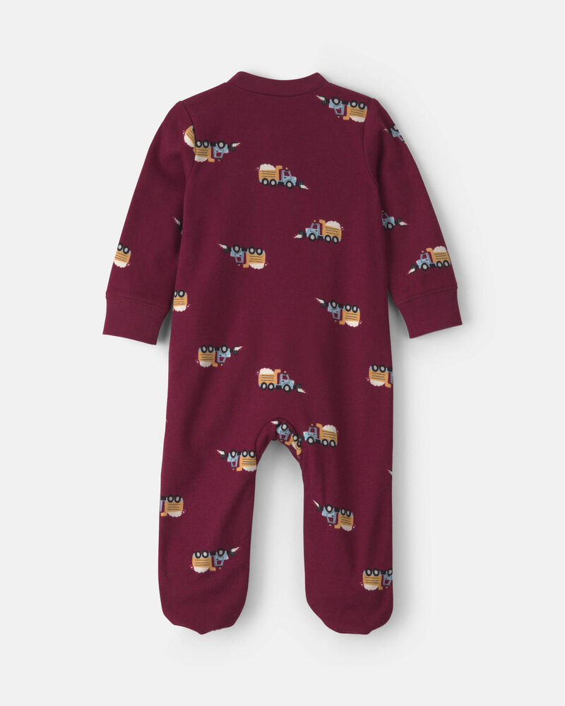 Baby Boy Construction Truck 100% Cotton 2-Way Zip Sleeper - Burgundy, image 2 of 6 slides