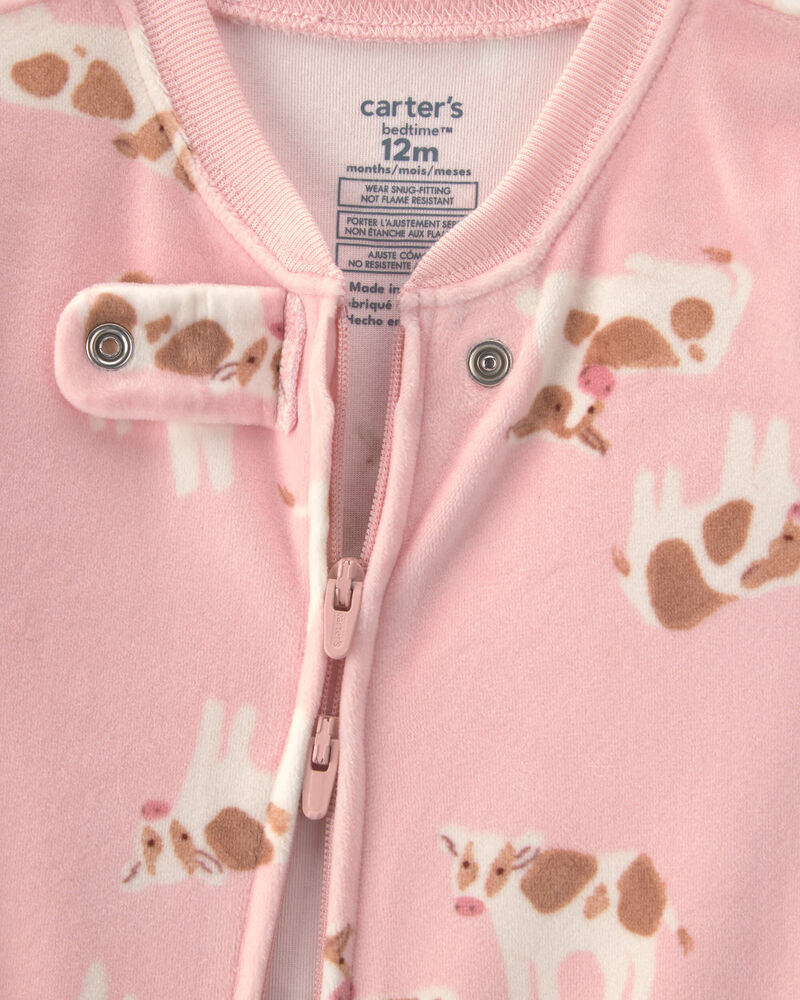 B&eacute;b&eacute; fille - Pyjama ajust&eacute; 1-pi&egrave;ce en DreamPlush avec pieds et fermeture &agrave; glissi&egrave;re double sens &agrave; motif vache - Rose, image 3 sur 5 diapositives