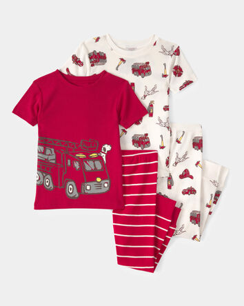 Toddler Boy Firetruck Striped 100% Cotton Snug Fit 4-Piece Pyjama Set - Red/White, 