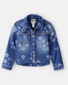 Girls Dark Wash Floral Denim Jacket - Blue, image 1 of 4 slides