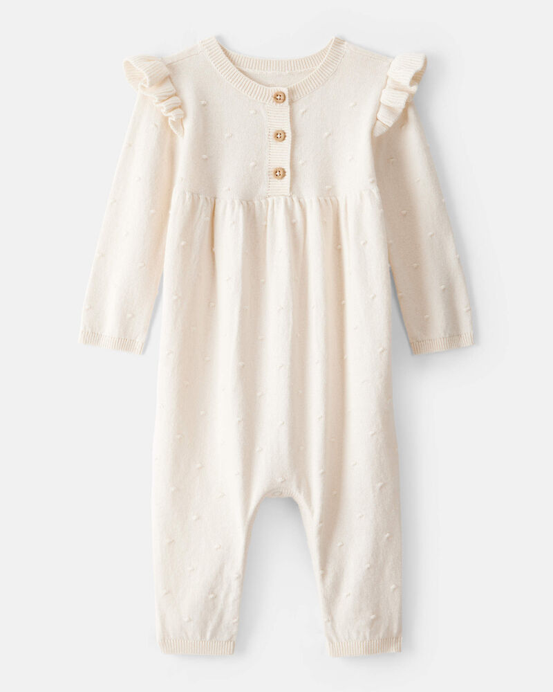 Baby Girl Cotton Long-Sleeve Jumpsuit - White, image 1 of 4 slides