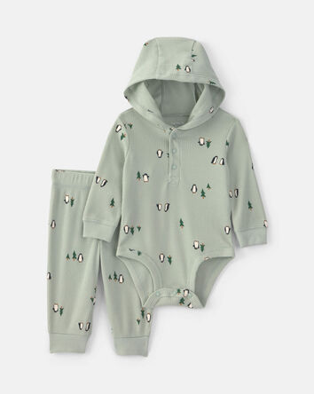 Baby Boy 2-Piece Penguin Thermal Long-Sleeve Bodysuit & Pant Set - Green, 