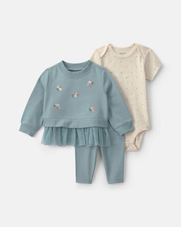 Baby Girl 3-Piece Floral French Terry Layering Set - Blue, 