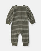 Baby Boy Striped PurelySoft&trade; Long-Sleeve Jumpsuit - Olive Green, image 2 of 6 slides