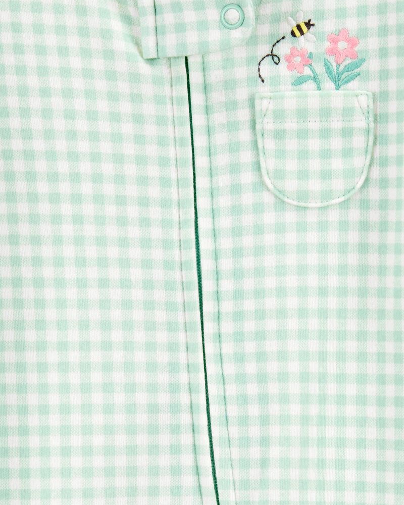 Bébé fille - Grenouillère en coton à fermeture à glissière à 2 sens à motif guingan - Vert, image 2 sur 3 diapositives