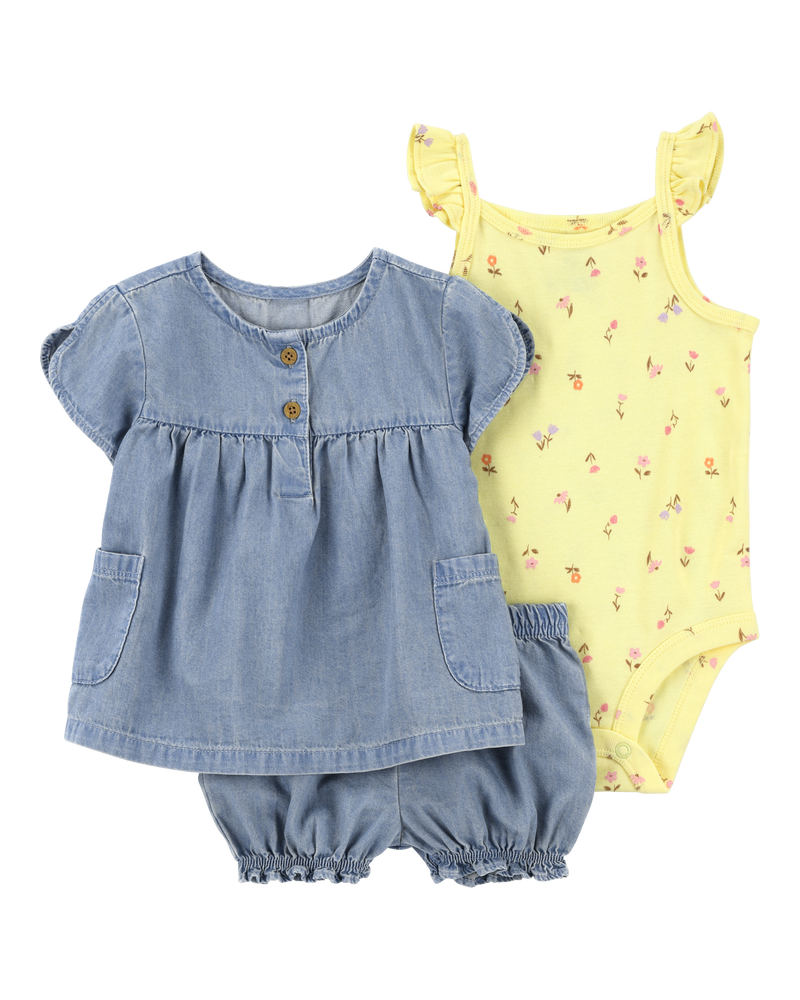 Bébé fille - Ensemble 3 pièces à fleurs - Jaune/Chambray, image 1 sur 4 diapositives