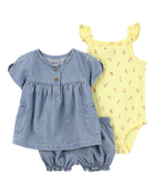 Bébé fille - Ensemble 3 pièces à fleurs - Jaune/Chambray, image 1 sur 4 diapositives