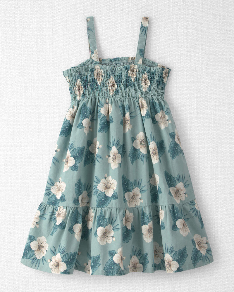 Girls  Smocked Linen Dress Made with Organic Cotton in Blue Hibiscus, image 3 of 6 slides