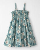Girls  Smocked Linen Dress Made with Organic Cotton in Blue Hibiscus, image 3 of 6 slides