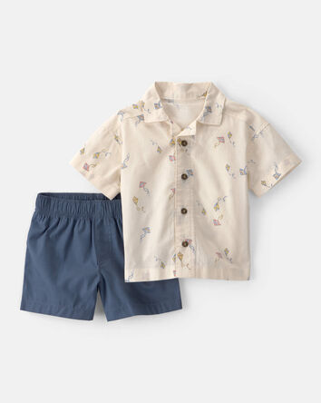 Baby Boy 2-Piece Kite Button-Down Shirt & Short Set - Navy/Beige, 