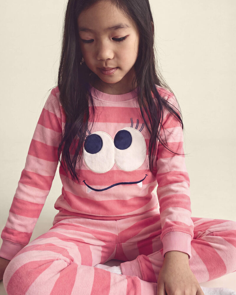 Girls 2-Piece Monster Striped DreamPlush Snug Fit Pyjama Set - Coral, image 3 of 4 slides