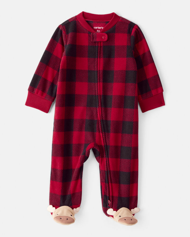 Baby Plaid Print Reindeer Christmas Loose Fit Long-Sleeve Sleeper - Red, image 1 of 5 slides