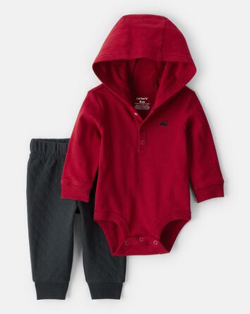 Baby Boy 2-Piece Train Hooded Bodysuit & Pant Set - Red/Black, 