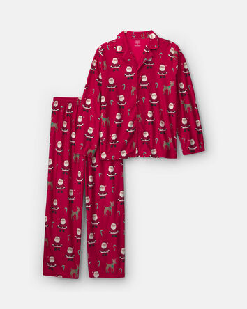 Adult 2-Piece Beige Santa Christmas Fleece Loose Fit Pyjama Set - Red, 