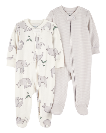 Baby 2-Pack Striped Elephant 2-Way Zip Cotton Sleeper, 