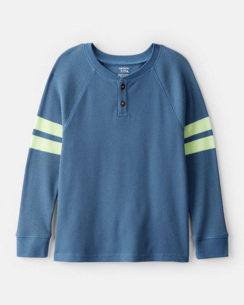 Boys Stripe Thermal Long-Sleeve Henley T-Shirt - Blue, image 1 of 3 slides