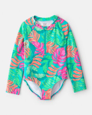 Girls Tropical Long-Sleeve 1-Piece Rashguard Swimsuit - Teal, 