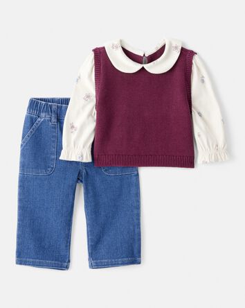 Baby Girl 2-Piece Floral Collared Shirt & Pant Set - Maroon/Blue, 