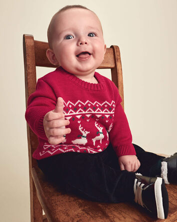 B&eacute;b&eacute; gar&ccedil;on - Ensemble 2 pi&egrave;ces chandail jacquard &agrave; motif renne et pantalon - Rouge/Noir, 