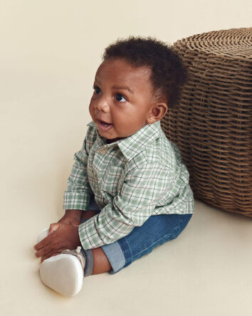 B&eacute;b&eacute; gar&ccedil;on - Ensemble 2 pi&egrave;ces chemise manches longues en flanelle &agrave; carreaux et pantalon - Vert/Indigo, 