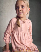 Girls Floral Twill Long-Sleeve Dress - Pink, image 2 of 5 slides