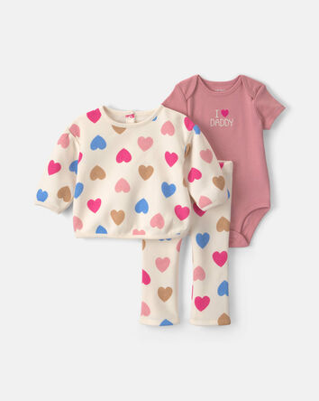 B&eacute;b&eacute; fille - Ensemble 3 pi&egrave;ces &agrave; superposer en molleton &laquo;I Love Daddy&raquo; et c&oelig;urs, 