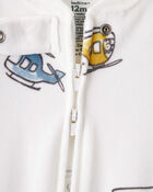 Baby Boy Helicopter Print DreamPlush Snug Fit Long-Sleeve 2-Way Zip 1-Piece Pyjamas - White, image 2 of 4 slides