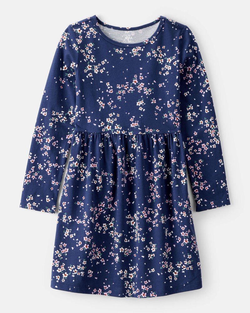 Girls Floral Print Long Sleeve Cotton Dress - Navy, image 1 of 4 slides