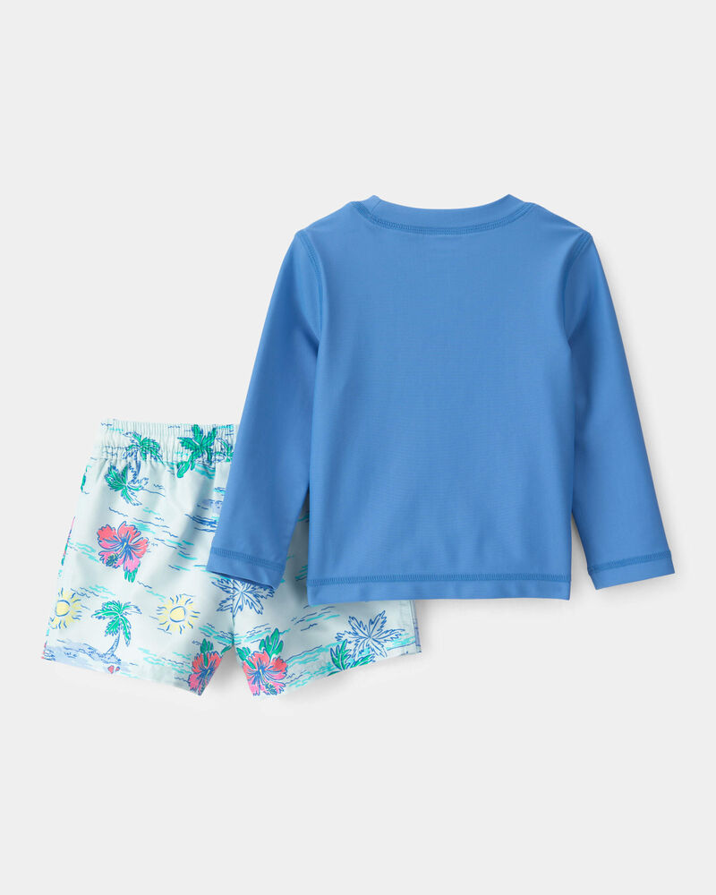 Baby Boy 2-Piece Beach Tropical Long-Sleeve Rashguard Trunk Set - Blue, image 3 of 6 slides