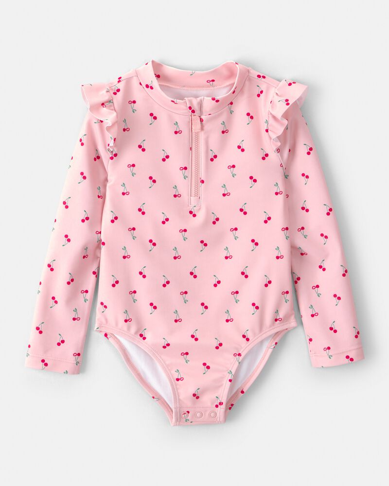 Toddler Girl Cherry Long-Sleeve 1-Piece Rashguard Swimsuit - Pink, image 1 of 5 slides