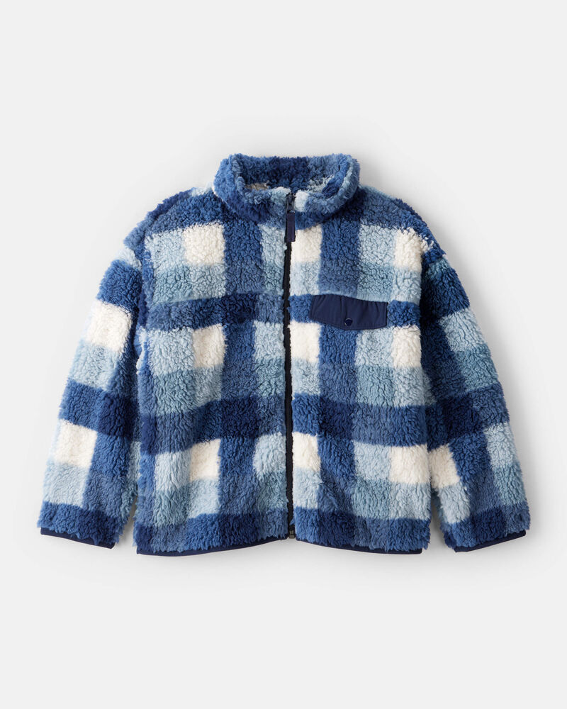 Boys Plaid Sherpa Long-Sleeve Zip-Up Jacket - Blue, image 1 of 3 slides