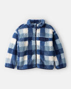 Boys Plaid Sherpa Long-Sleeve Zip-Up Jacket - Blue, image 1 of 3 slides