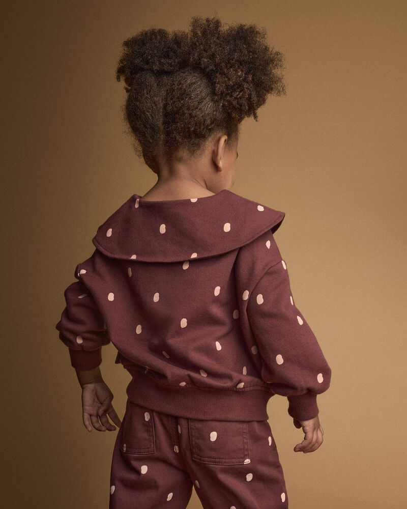Toddler Girl Peter Pan Collar Pullover with Otter Pockets in Polka Dots - Burgundy, image 4 of 5 slides