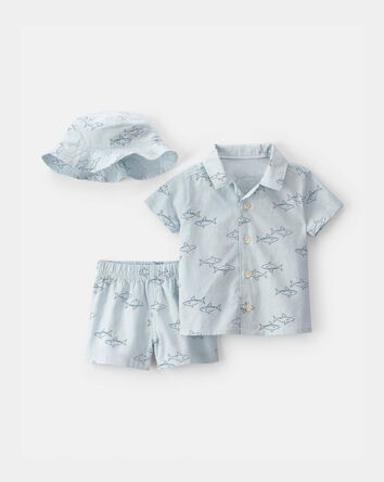 B&eacute;b&eacute; gar&ccedil;on - Ensemble 3 pi&egrave;ces haut et short &agrave; requin - Bleu, 
