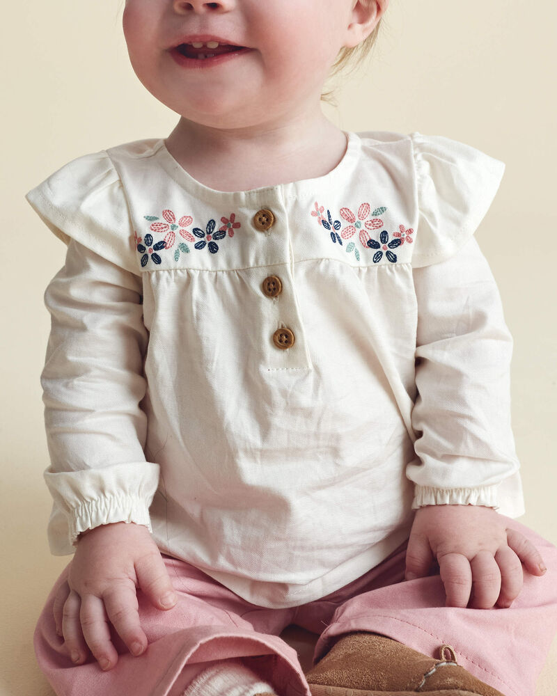 B&eacute;b&eacute; fille - Ensemble 2 pi&egrave;ces haut manches longues &agrave; motif floral et pantalon - Rose/Cr&egrave;me, image 3 sur 6 diapositives