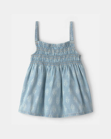 Girls Chambray Floral Smocked Tank Top - Blue, 