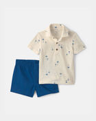 B&eacute;b&eacute; gar&ccedil;on - Ensemble 2 pi&egrave;ces polo &agrave; palmiers et short - Bleu/Ivoire, image 1 sur 2 diapositives