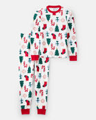 Adult Christmas Print 100% Cotton Long-Sleeve 2-Piece Pyjamas - White, image 1 of 3 slides