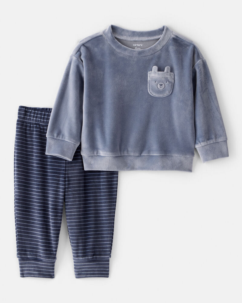 Baby Boy 2-Piece Bear Velour Sweatshirt Jogger Set Blue