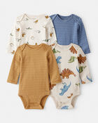 Baby Boy 4-Pack Dinosaur Print Cotton Long-Sleeve Multipack Bodysuits - White, image 1 of 6 slides
