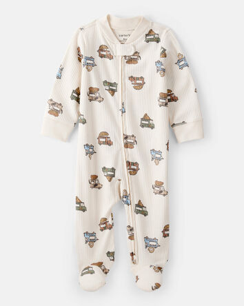 Baby Boy Truck Print Cotton Long-Sleeve Sleeper- Ivory, 