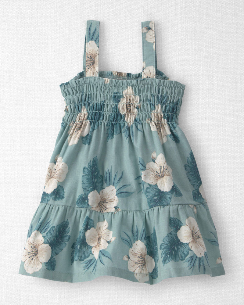 B&eacute;b&eacute; fille - Robe &agrave; smocks en lin avec coton biologique &agrave; motif hibiscus - Bleu, image 5 sur 5 diapositives